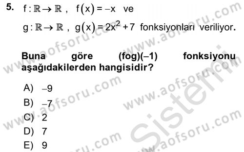 Matematik 1 Dersi 2024 - 2025 Yılı Yaz Okulu Sınav Soruları 5. Soru