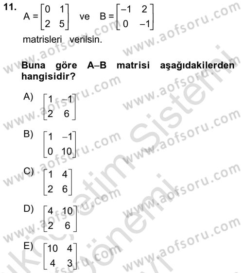 Matematik 1 Dersi 2025 - 2026 Yılı (Final) Dönem Sonu Sınav Soruları 11. Soru