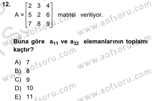 Matematik 1 Dersi 2025 - 2026 Yılı (Final) Dönem Sonu Sınav Soruları 12. Soru