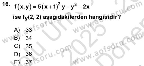 Matematik 1 Dersi 2025 - 2026 Yılı (Final) Dönem Sonu Sınav Soruları 16. Soru