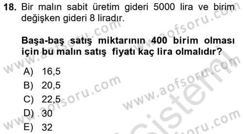 Matematik 1 Dersi 2025 - 2026 Yılı (Final) Dönem Sonu Sınav Soruları 18. Soru