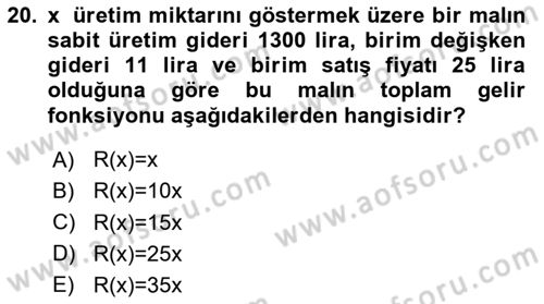 Matematik 1 Dersi 2025 - 2026 Yılı (Final) Dönem Sonu Sınav Soruları 20. Soru