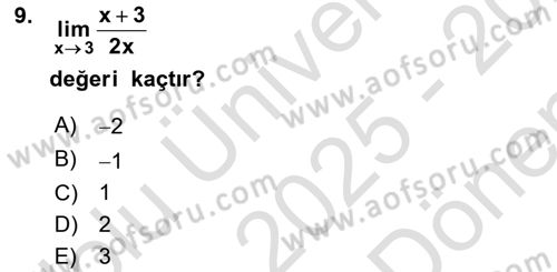 Matematik 1 Dersi 2025 - 2026 Yılı (Final) Dönem Sonu Sınav Soruları 9. Soru