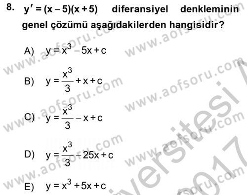 Matematik 2 Dersi 2016 - 2017 Yılı (Vize) Ara Sınavı 8. Soru