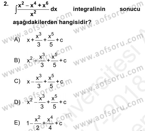Matematik 2 Dersi 2017 - 2018 Yılı (Final) Dönem Sonu Sınav Soruları 2. Soru