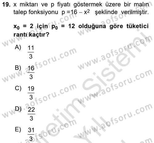 Matematik 2 Dersi 2023 - 2024 Yılı (Vize) Ara Sınav Soruları 19. Soru