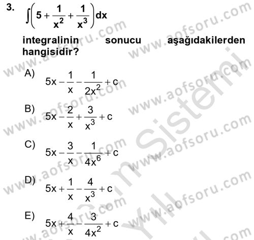 Matematik 2 Dersi 2023 - 2024 Yılı (Vize) Ara Sınav Soruları 3. Soru