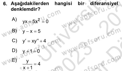 Matematik 2 Dersi 2023 - 2024 Yılı (Vize) Ara Sınav Soruları 6. Soru