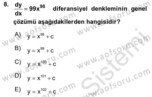 Matematik 2 Dersi 2023 - 2024 Yılı (Vize) Ara Sınav Soruları 8. Soru