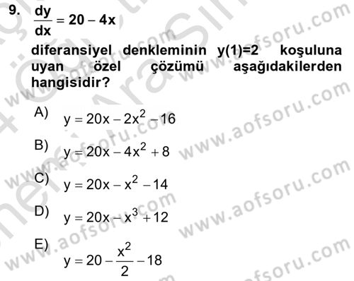 Matematik 2 Dersi 2023 - 2024 Yılı (Vize) Ara Sınav Soruları 9. Soru