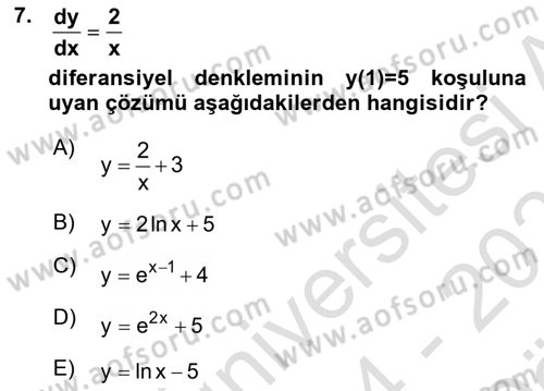 Matematik 2 Dersi 2024 - 2025 Yılı (Vize) Ara Sınav Soruları 7. Soru