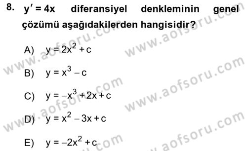 Matematik 2 Dersi 2024 - 2025 Yılı (Vize) Ara Sınav Soruları 8. Soru