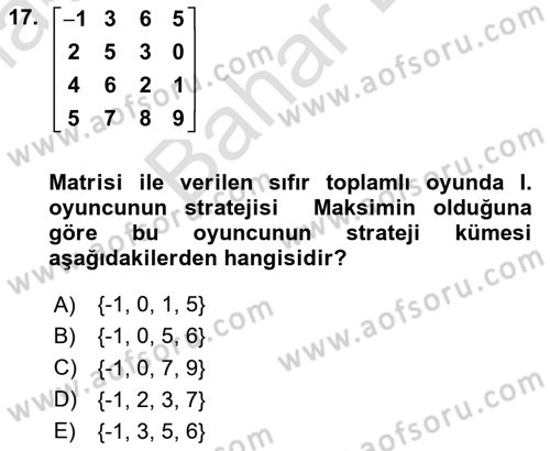 Matematik 2 Dersi 2024 - 2025 Yılı (Final) Dönem Sonu Sınav Soruları 17. Soru