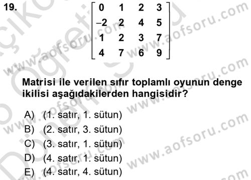 Matematik 2 Dersi 2024 - 2025 Yılı (Final) Dönem Sonu Sınav Soruları 19. Soru