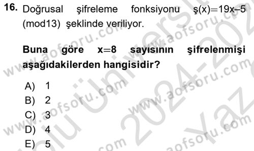 Matematik 2 Dersi 2024 - 2025 Yılı Yaz Okulu Sınav Soruları 16. Soru