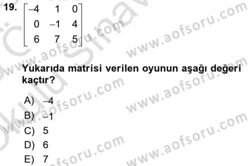 Matematik 2 Dersi 2024 - 2025 Yılı Yaz Okulu Sınav Soruları 19. Soru