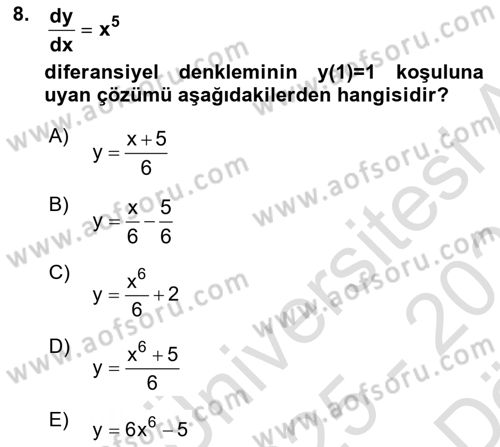 Matematik 2 Dersi 2025 - 2026 Yılı (Vize) Ara Sınav Soruları 8. Soru