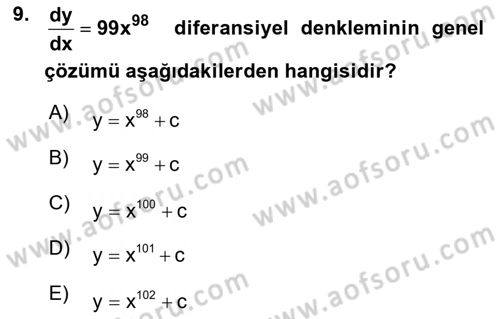 Matematik 2 Dersi 2025 - 2026 Yılı (Vize) Ara Sınav Soruları 9. Soru