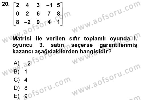 Matematik 2 Dersi 2025 - 2026 Yılı (Final) Dönem Sonu Sınav Soruları 20. Soru