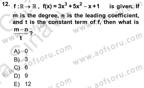 Mathematics 1 Dersi Ara Sınavı Deneme Sınav Soruları 12. Soru