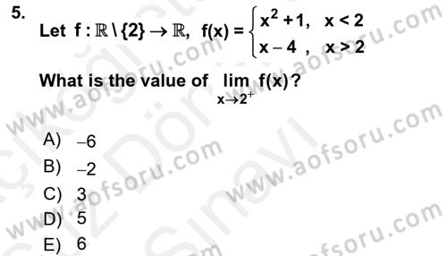 Mathematics 1 Dersi 2017 - 2018 Yılı (Final) Dönem Sonu Sınav Soruları 5. Soru