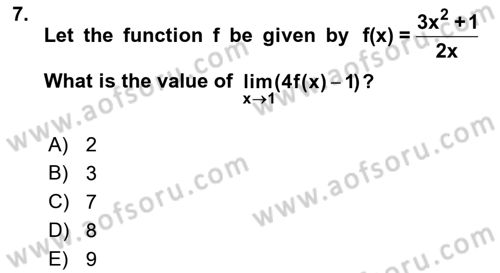 Mathematics 1 Dersi 2017 - 2018 Yılı (Final) Dönem Sonu Sınav Soruları 7. Soru