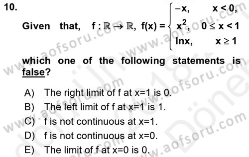 Mathematics 1 Dersi 2018 - 2019 Yılı (Final) Dönem Sonu Sınavı 10. Soru