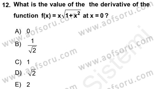 Mathematics 1 Dersi 2018 - 2019 Yılı (Final) Dönem Sonu Sınavı 12. Soru