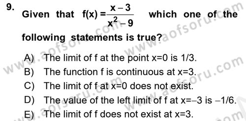 Mathematics 1 Dersi 2018 - 2019 Yılı (Final) Dönem Sonu Sınavı 9. Soru