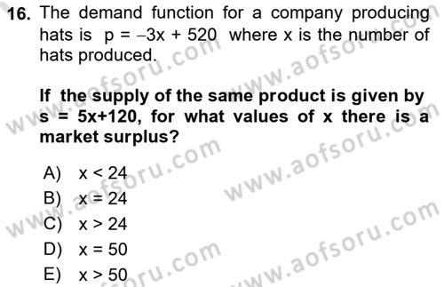 Mathematics 1 Dersi 2019 - 2020 Yılı (Final) Dönem Sonu Sınav Soruları 16. Soru