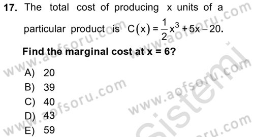 Mathematics 1 Dersi 2019 - 2020 Yılı (Final) Dönem Sonu Sınav Soruları 17. Soru