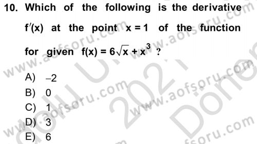 Mathematics 1 Dersi 2021 - 2022 Yılı (Final) Dönem Sonu Sınav Soruları 10. Soru