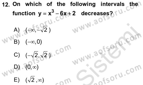 Mathematics 1 Dersi 2021 - 2022 Yılı (Final) Dönem Sonu Sınav Soruları 12. Soru