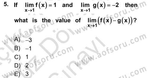 Mathematics 1 Dersi 2021 - 2022 Yılı (Final) Dönem Sonu Sınav Soruları 5. Soru