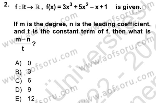 Mathematics 1 Dersi 2022 - 2023 Yılı (Final) Dönem Sonu Sınavı 2. Soru