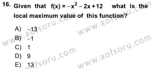 Mathematics 1 Dersi 2022 - 2023 Yılı Yaz Okulu Sınav Soruları 16. Soru