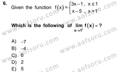 Mathematics 1 Dersi 2023 - 2024 Yılı (Final) Dönem Sonu Sınavı 6. Soru