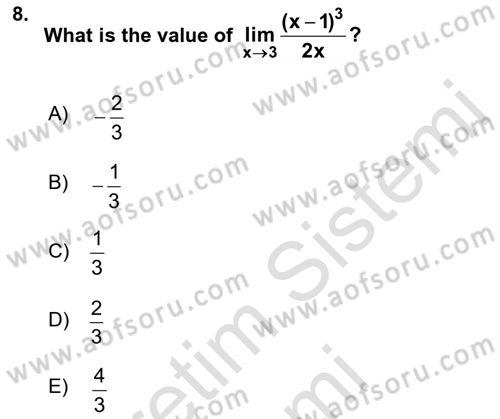 Mathematics 1 Dersi 2023 - 2024 Yılı (Final) Dönem Sonu Sınavı 8. Soru