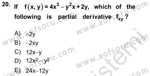 Mathematics 1 Dersi 2023 - 2024 Yılı Yaz Okulu Sınavı 20. Soru