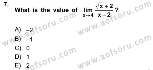 Mathematics 1 Dersi 2024 - 2025 Yılı (Final) Dönem Sonu Sınav Soruları 7. Soru
