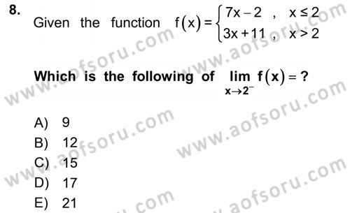 Mathematics 1 Dersi 2024 - 2025 Yılı (Final) Dönem Sonu Sınav Soruları 8. Soru