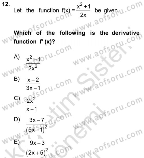 Mathematics 1 Dersi 2025 - 2026 Yılı (Final) Dönem Sonu Sınav Soruları 12. Soru