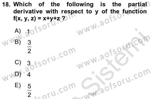 Mathematics 1 Dersi 2025 - 2026 Yılı (Final) Dönem Sonu Sınav Soruları 18. Soru
