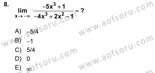 Mathematics 1 Dersi 2025 - 2026 Yılı (Final) Dönem Sonu Sınav Soruları 8. Soru