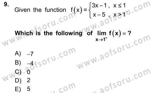 Mathematics 1 Dersi 2025 - 2026 Yılı (Final) Dönem Sonu Sınav Soruları 9. Soru