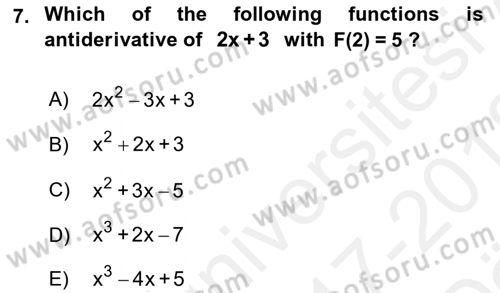 Mathematics 2 Dersi 2017 - 2018 Yılı (Vize) Ara Sınavı 7. Soru