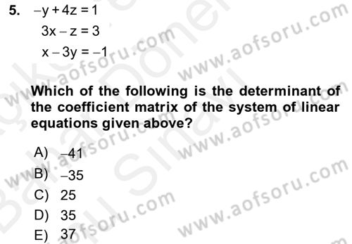 Mathematics 2 Dersi 2017 - 2018 Yılı (Final) Dönem Sonu Sınavı 5. Soru