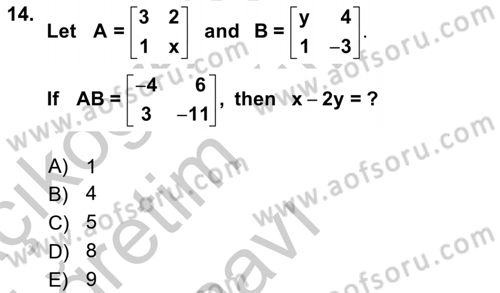 Mathematics 2 Dersi 2018 - 2019 Yılı Yaz Okulu Sınavı 14. Soru