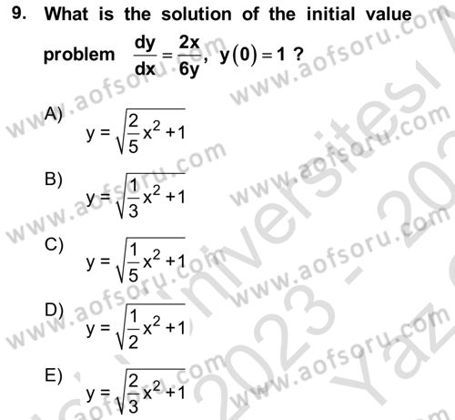 Mathematics 2 Dersi 2023 - 2024 Yılı Yaz Okulu Sınav Soruları 9. Soru