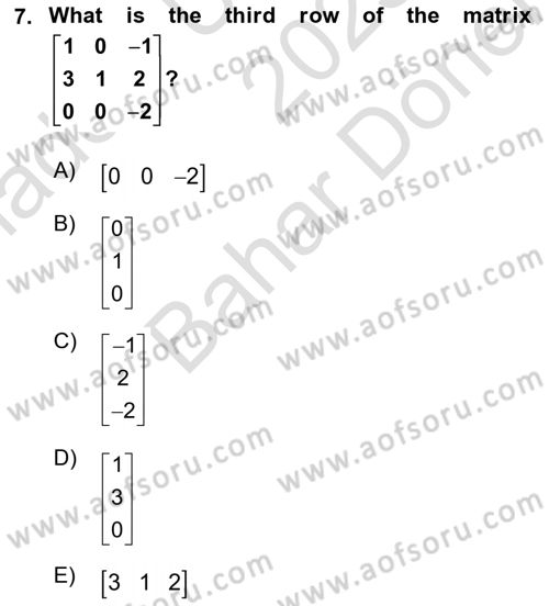 Mathematics 2 Dersi 2025 - 2026 Yılı (Final) Dönem Sonu Sınav Soruları 7. Soru
